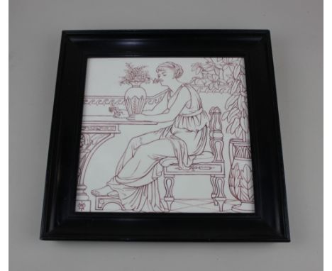 A large 19th century framed Doulton &amp; Co wall tile possibly by Margaret M Armstrong, sepia line painted with a classicall