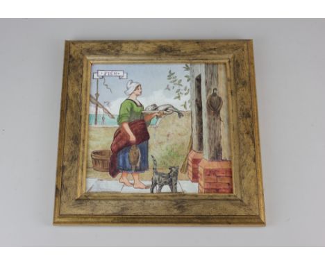 A large framed Doulton &amp; Co 'Fish' tile designed by Henry Stacey Marks, polychrome decorated with medieval figure with fi