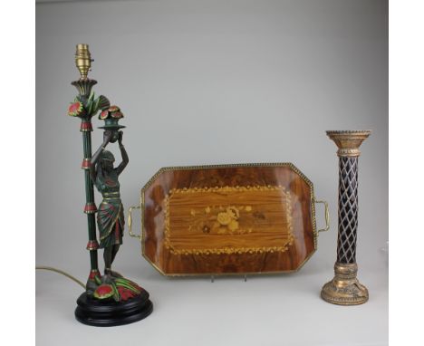 An Italian inlaid tray with brass gallery and handles, decorated with a floral panel 47.5cm, together with a modern Gothic st