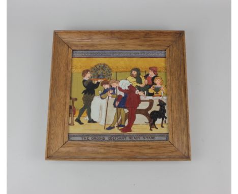 A framed large Doulton Lambeth tile painted on a Minton's blank with a Medieval figure group in an interior 'The Grooms Obeis