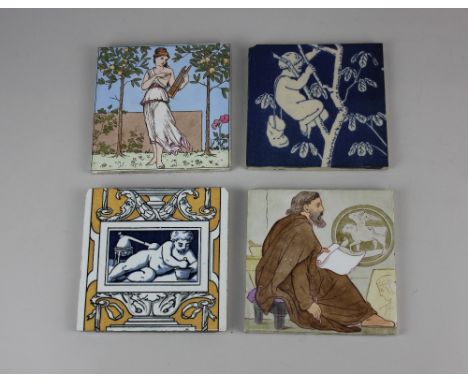 A Minton tile decorated with a putto apothecary within a yellow and white architectural border approx 15.5cm by 15.5cm, a Dou