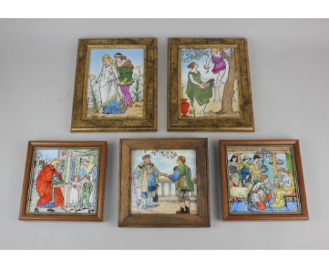 Three Minton's tiles depicting figures and scenes to include 'The Four Presents' designed by Walter Crane 15.5cm by 15.5cm an