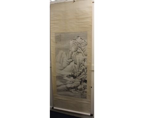 Manner of Wu Dawei, a Chinese scroll painting depicting a snow covered landscape with character and seal marks picture area 1