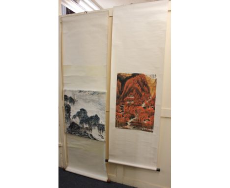 Follower of Guan Shan Yue, a Chinese scroll decorated with a coastal landscape and sailing boat, picture area 66cm by 67cm, t