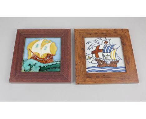 A framed Pilkington's Lancastrian tile tubeline decorated with a galleon 14.5cm by 14.5cm,  together with a framed tile decor