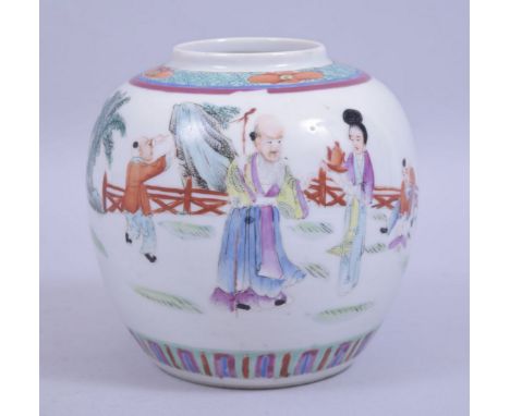 A 19TH/20TH CENTURY CHINESE FAMILLE ROSE PORCELAIN JAR, decorated with shou lao and children playing, the base with four char