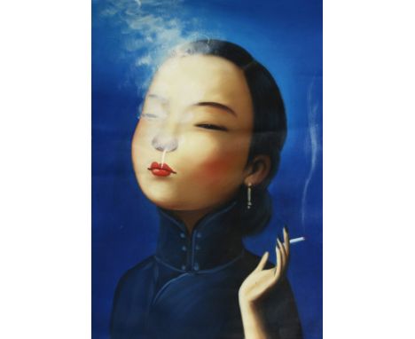 A GOOD CHINESE OIL PAINTED PORTRAIT ON CANVAS depicting a female figure smoking a cigarette. Image 62cm x 52cm