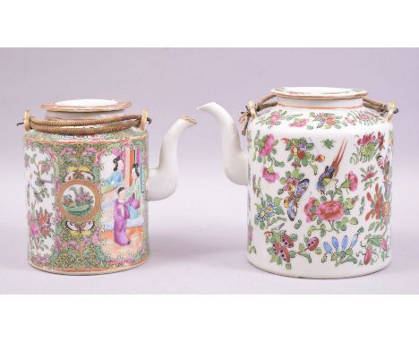 A CHINESE CANTON FAMILLE ROSE PORCELAIN TEAPOT, painted with panels of figures, birds, butterflies and native flora with gilt