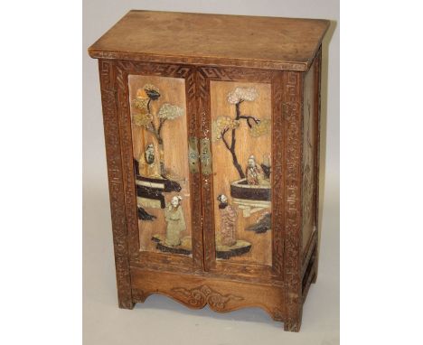 A CHINESE WOOD AND HARDSTONE ONLAID CABINET, the doors and sides decorated with figures, flora and fauna in different stones,