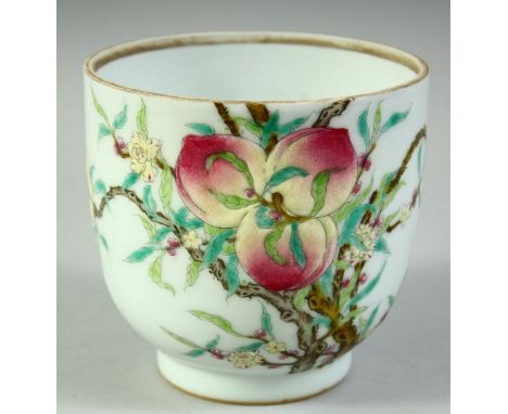 A CHINESE FAMILLE ROSE PORCELAIN PEACH BOWL, possibly a pot lacking cover, decorated with peach blossom and bats, the base wi