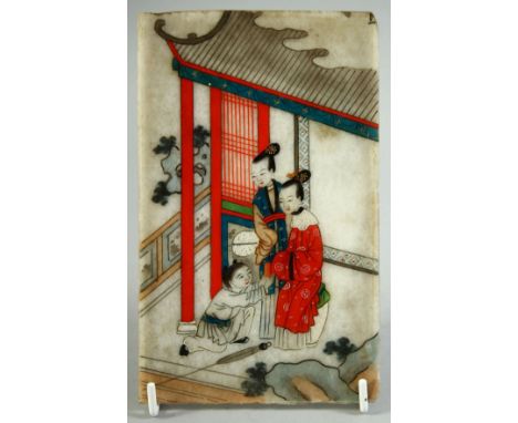 A CHINESE PAINTED ALABASTER RECTANGULAR PANEL, painted with female figures and child, the reverse painted with a mountainous 