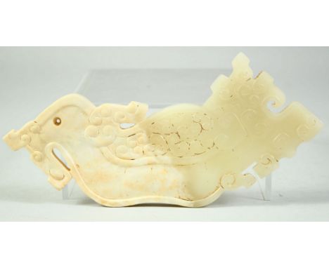 A CHINESE CARVED NEPHRITE JADE ARCHAIC AMULET, 15cm long.