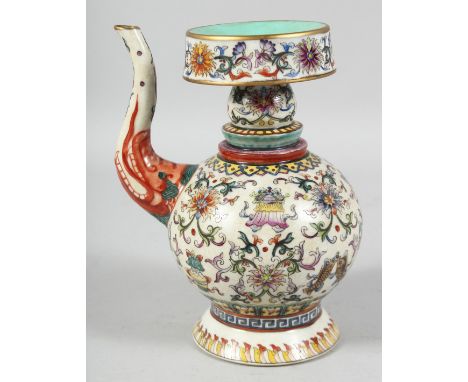 A CHINESE FAMILLE ROSE PORCELAIN WINE EWER with funnel cover, the body painted with auspicious symbols, the base with six-cha