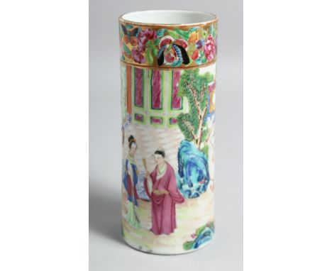 A CHINESE CANTON FAMILLE ROSE ENAMELLED PORCELAIN BRUSH POT, painted with female figures; one on horseback in a courtyard sce