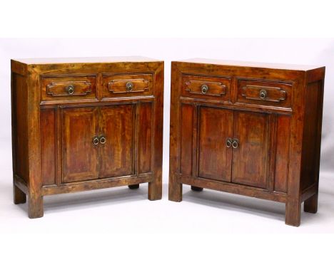 A PAIR OF CHINESE HARDWOOD CABINETS, each comprising two drawers above two doors, the hinged doors opening to reveal single c