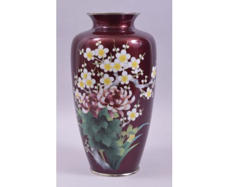 A JAPANESE RED ENAMELLED CLOISONNE VASE, the body foil with transparent red enamel overlay and decorated with cloisonne flora