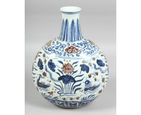 A CHINESE BLUE, WHITE, AND UNDERGLAZE RED PORCELAIN MOON FLASK, decorated with lotus and ducks, bearing six-character mark to