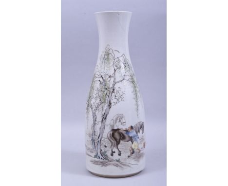 A LARGE CHINESE PORCELAIN BOTTLE VASE, painted with a figure grooming two horses beside a tree, the reverse with calligraphy,