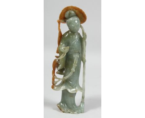 A FINE QUALITY CHINESE TWO-TONE JADE CARVING of a female figure, holding a bamboo stick with a basket of leaping fish over he