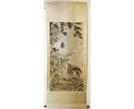 A GOOD LARGE CHINESE SCROLL PAINTING, depicting a crane on a mound with a deer surrounded with native flora, with five red se