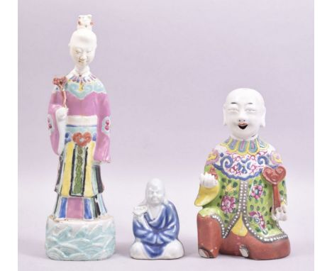 THREE 19TH / 20TH CENTURY CHINESE FAMILLE ROSE PORCELAIN FIGURES, (two af), largest 24cm, smallest 8.5cm (3).