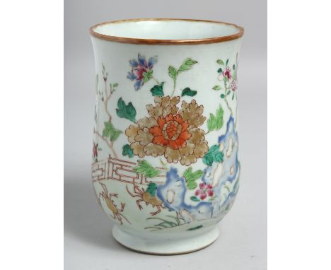 A LARGE CHINESE FAMILLE ROSE PORCELAIN TANKARD, painted with colourful flowers and two crabs; further embellished with gilt h