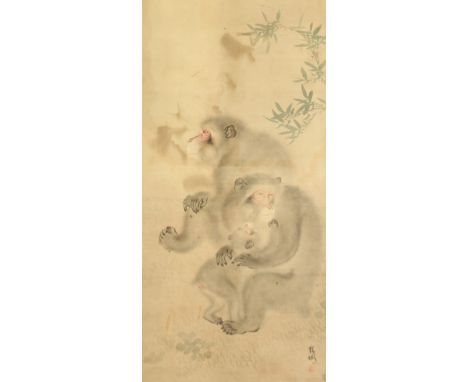 A CHINESE HANGING SCROLL PAINTING ON SILK, depicting monkeys and their young, the bottom right with inscription and two red s