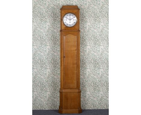 Gordon Russell workshops, an English brown oak longcase clock/regulator, the trunk with hexagonal column supports, the hood w