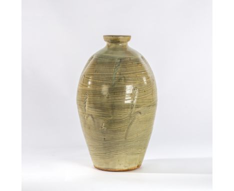 Mike Dodd (British, born 1943), a large stoneware bottle vase in hakeme glaze incised wheat, impressed mark, 40cm high CONDIT