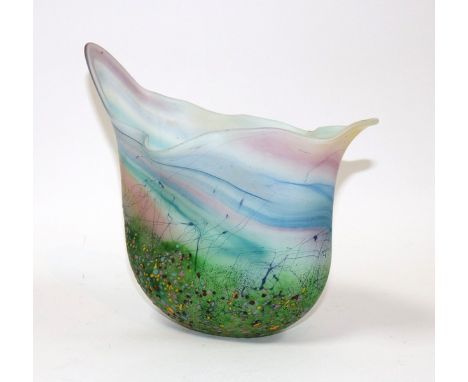 A Studio Art glass vase in the style of Isle of Wight glass, rainbow coloured patterns, 24cm high and a studio ceramic vase o