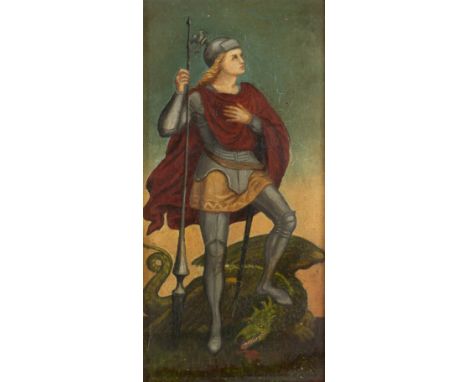 Arts &amp; Crafts School/St George and the Dragon/oil on panel, 20cm x 10cm/and a print after F Walker, The Mill of Dreams