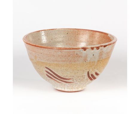 Warren MacKenzie (American, born 1924), a stoneware large bowl, cream speckled glaze with raised iron stripes, impressed mark