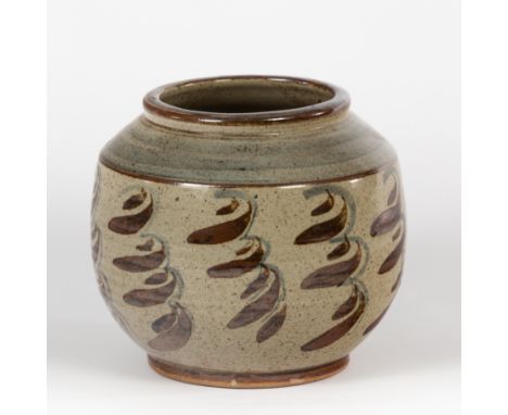 David Leach (British 1911-2005), a globular stoneware pot, cream glaze with pale blue band to the shoulder, brushed wave desi