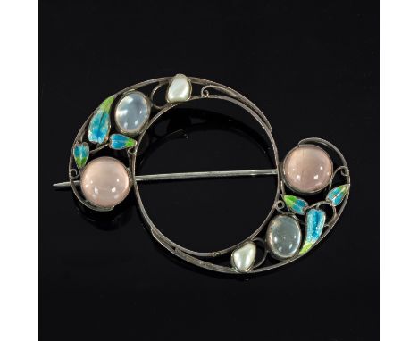 Charles Horner, an Art Nouveau silver brooch, of stylised scroll shape, set with rose quartz baroque pearls and enamel, 6cm w