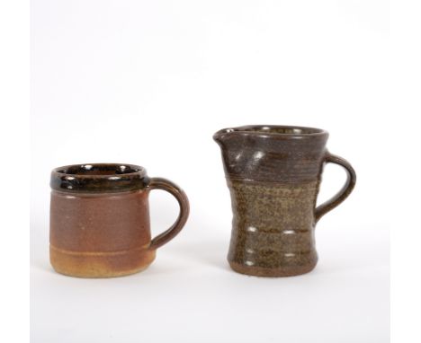 John Leach, Muchelney Pottery, a saltglaze mug with glazed rim and interior, stamped, 8cm high, a St Ives pottery jug of ribb