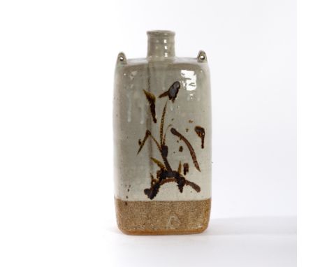 William 'Bill' Marshall (British 1923-2007), a Leach Pottery cut sided bottle vase with two pierced lugs to the top, brushwor
