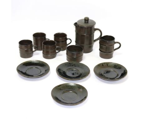 David Leach (British 1911-2005), four coffee cups and saucers, coffee pot with lid, 18cm high, milk jug and sugar bowl CONDIT