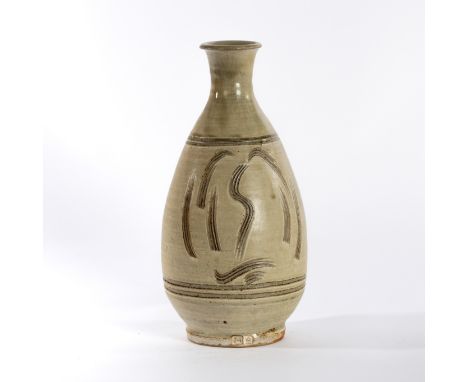 Jim Malone (British, born 1946), an Ainstable stoneware bottle vase, ash glaze with combed decoration of a stylised willow tr