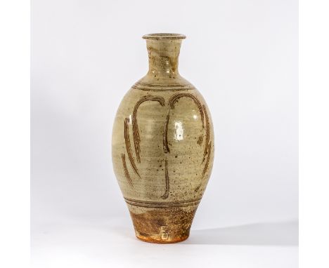 Jim Malone (British, born 1946), an Ainstable Pottery stoneware vase of shouldered form, ash glaze with combed decoration of 