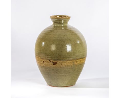 Paul Barron (British 1917-1983), a stoneware bottle vase in graduated celadon/ash glaze, impressed mark to base, 26cm high CO