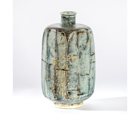 William 'Bill' Marshall (British 1923-2007) for Leach Pottery, a faceted stoneware vase with mottled grey/blue glaze, No.16 s
