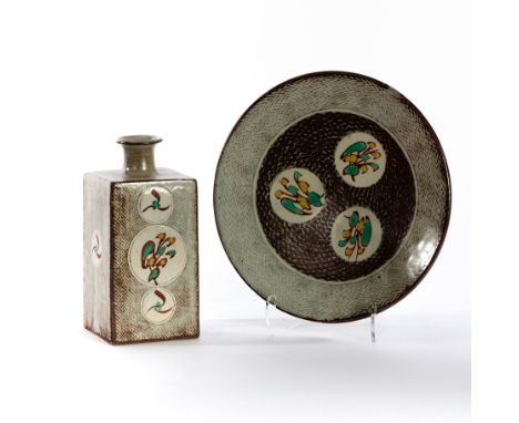 Shimaoka Tatsuzo (Japanese 1917-2007), a square stoneware bottle vase impressed chevron design under a thin white glaze, each