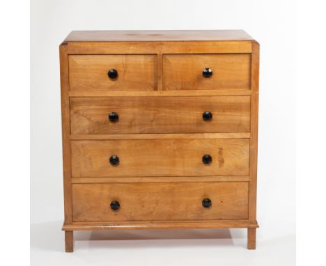 Gordon Russell, a walnut chest of drawers, fitted three long and two short drawers, black octagonal knob handles, 91.5cm wide