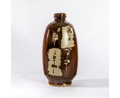 Jim Malone (British, born 1946), a stoneware flattened bottle vase of quartered design with foliate wax resist decoration in 