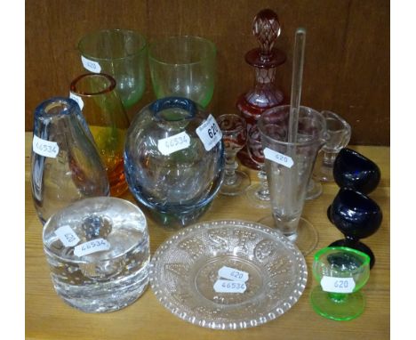 Liqueur decanter and glasses, eye baths, etc.
