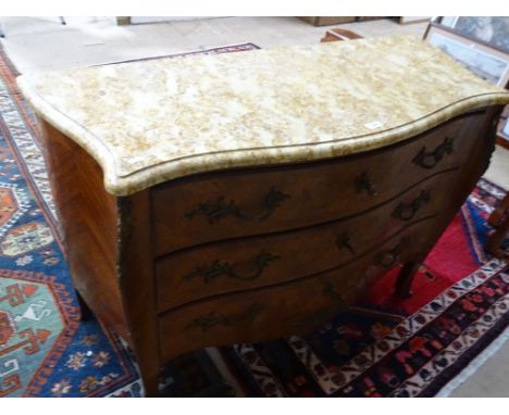 A Kingwood walnut and marquetry decorated serpentine front commode, with shaped marble top and ormolu mounts, width 4', heigh