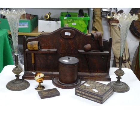 A pipe rack, a pair of epergnes, inlaid box, etc.