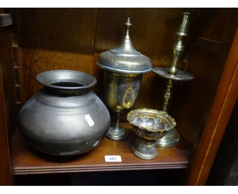 Eastern engraved brass pot, candlestick, etc.