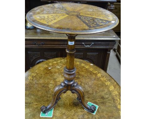 19th century mahogany tripod table, with a rosewood crossbanded and marquetry decorated top, height 2'4", width 1'7".