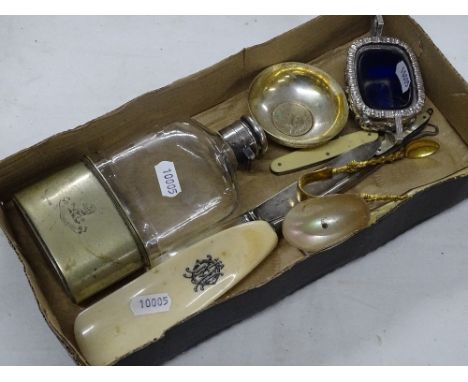 A spirit flask with crest, button hook, plated salt with liner, sugar tongs, etc.